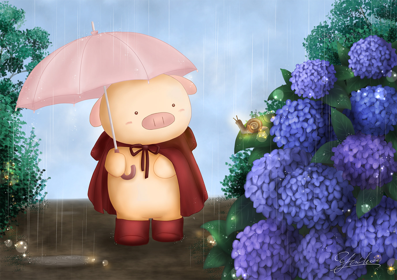 Rainy Day  (Buusuke meets Snail. June is the rainy season in Japan.)