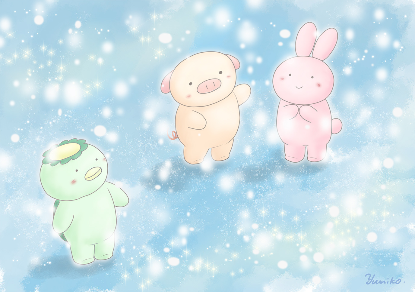 It started snowing  (From left, Kappakun(the kappa is a water goblin in Japan), Buuske(pig), Patrick(rabbit))