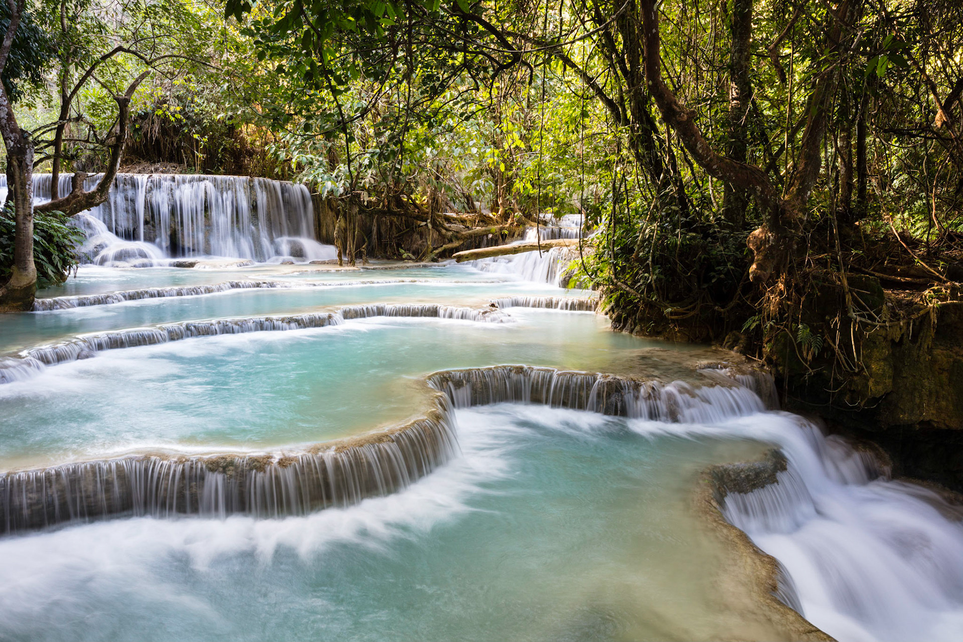 Waterfalls in the Kuang Si Falls park near Luang Prabang, Laos.