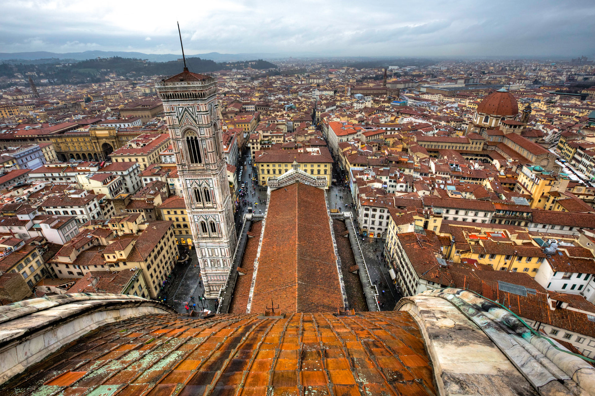 In Florence Italy on the top of the cathedral looking down the roof to the surrounding city