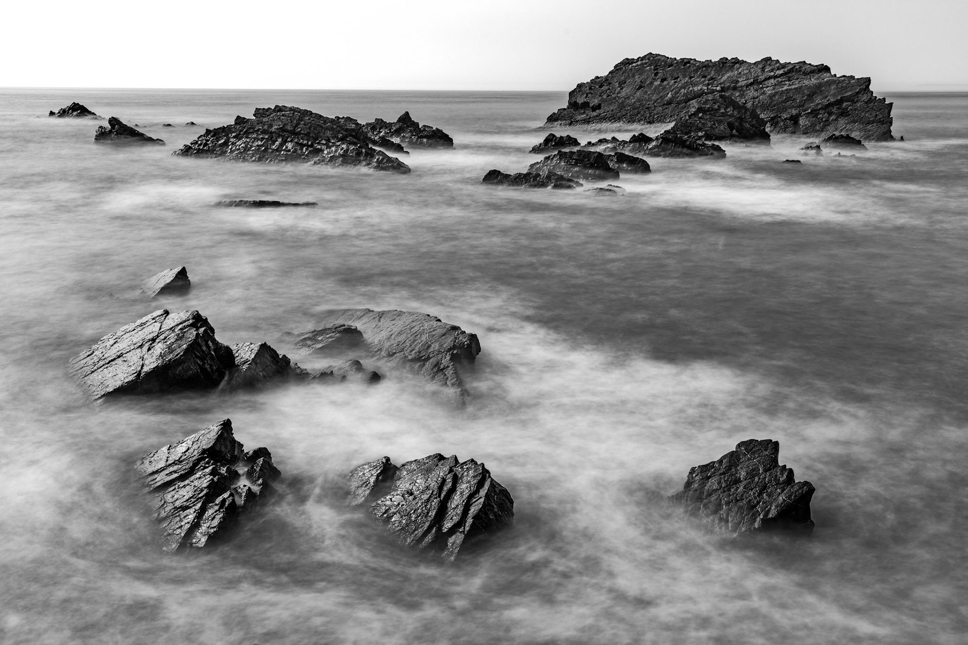 The jagged rocks around Hartland Quay at high tide in North Devon.