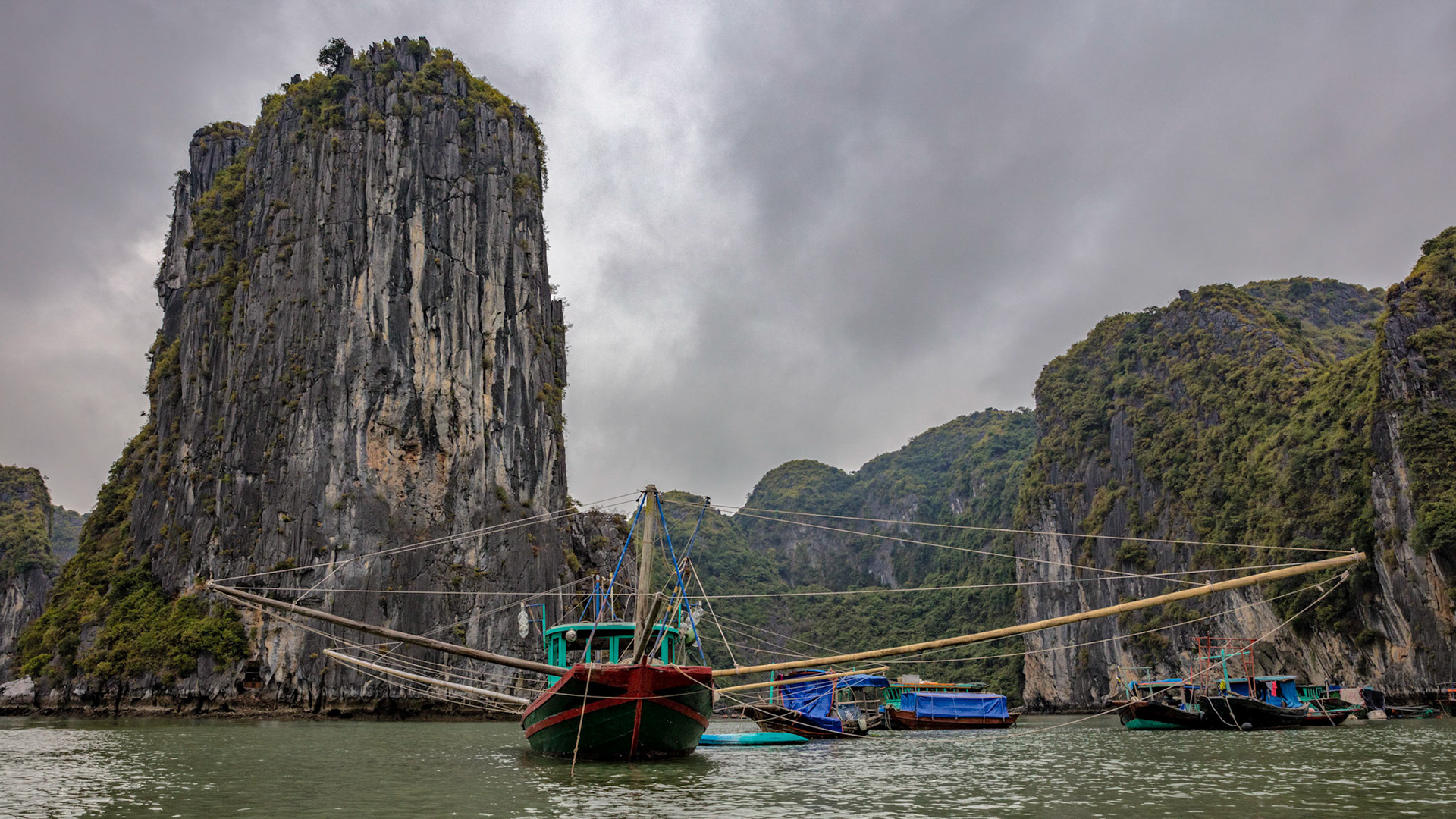 Chinese fishing net in Ha Long Bay