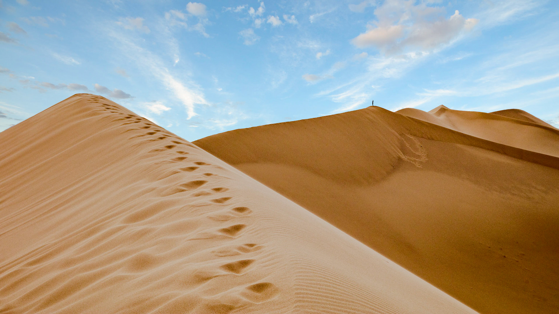 Closer shot of tourists standing atop the dunes of the Khongoryn Els in the Gobi Gurvansaikhan National Park in Mongolia.