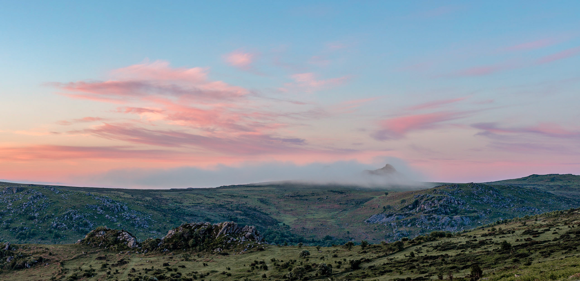 Morning isolated mist rolling over Haytor Rocks in Dartmoor National Park.