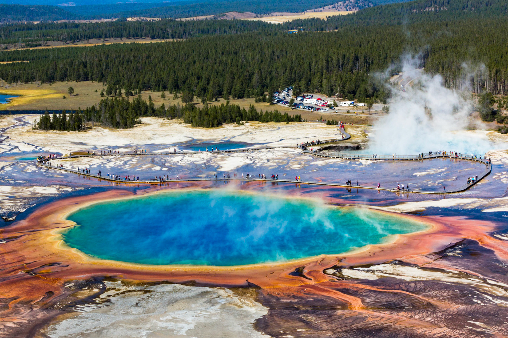 Grand Prismatic Spring from a nearby hillside in Yellowstone National Park