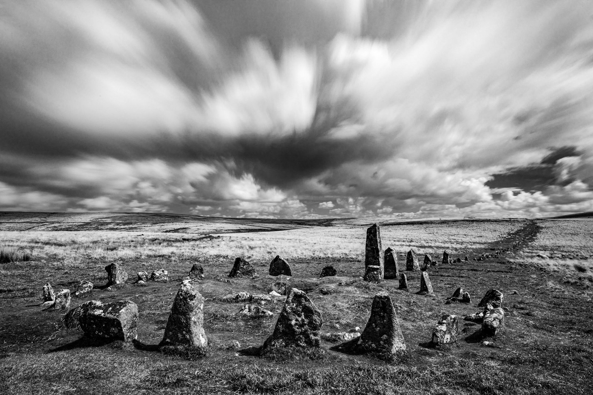 Long exposure of Hingston Stone Row in Dartmoor National Park, Devon, England.