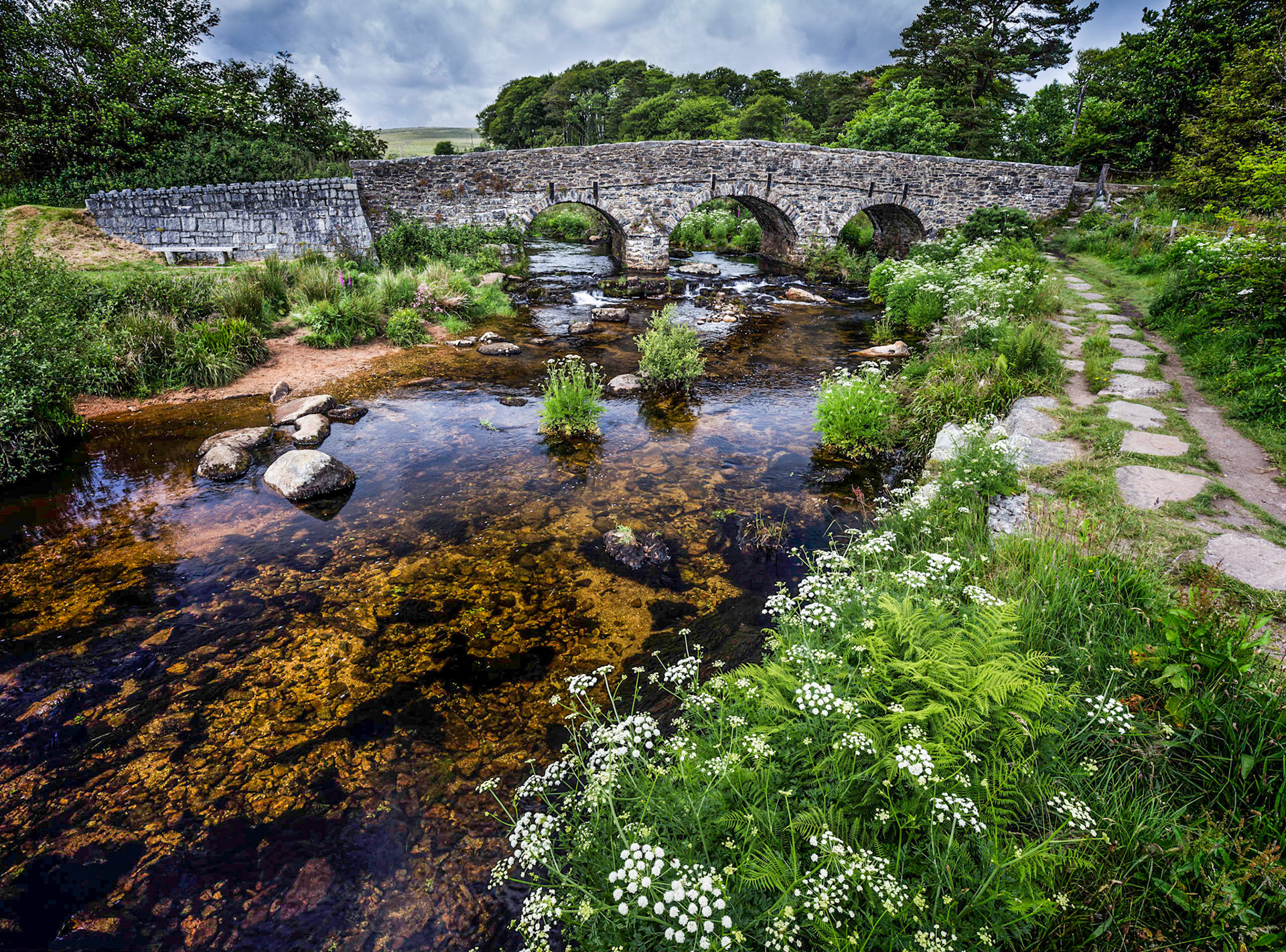 The car bridge going over the East Dart River in Postbridge, Devon.