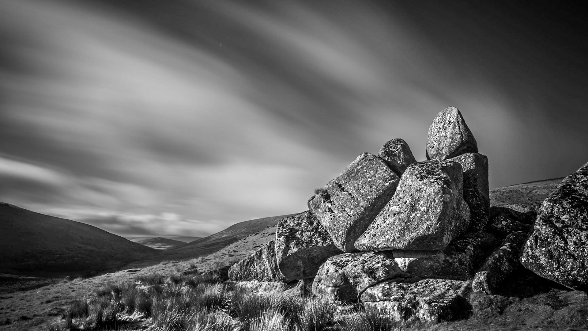 Long exposure of Shelstone Tor in Dartmoor National Park, Devon, England.