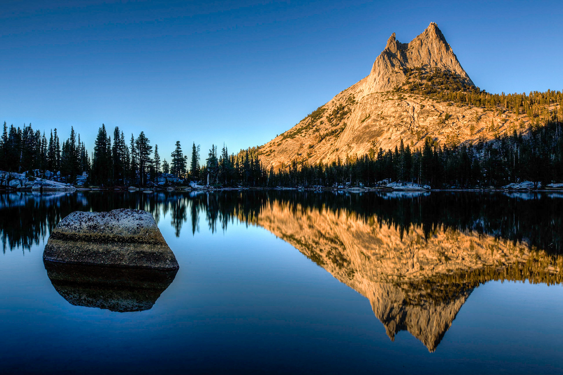 At Upper Cathedral Lake on a calm cool night trying to get the best view of Cathedral Peak with the lake
