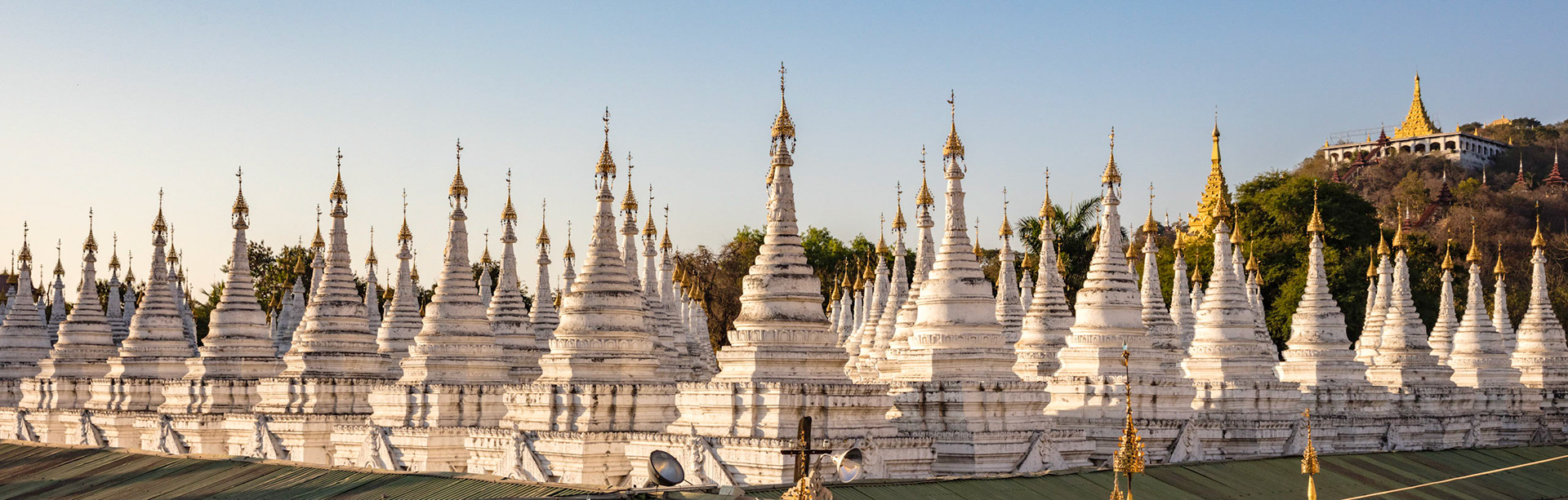 Panorama of pagoda's holding pages of the  world's largest book in the Sandamuni Pagoda in Mandalay, Myanmar.