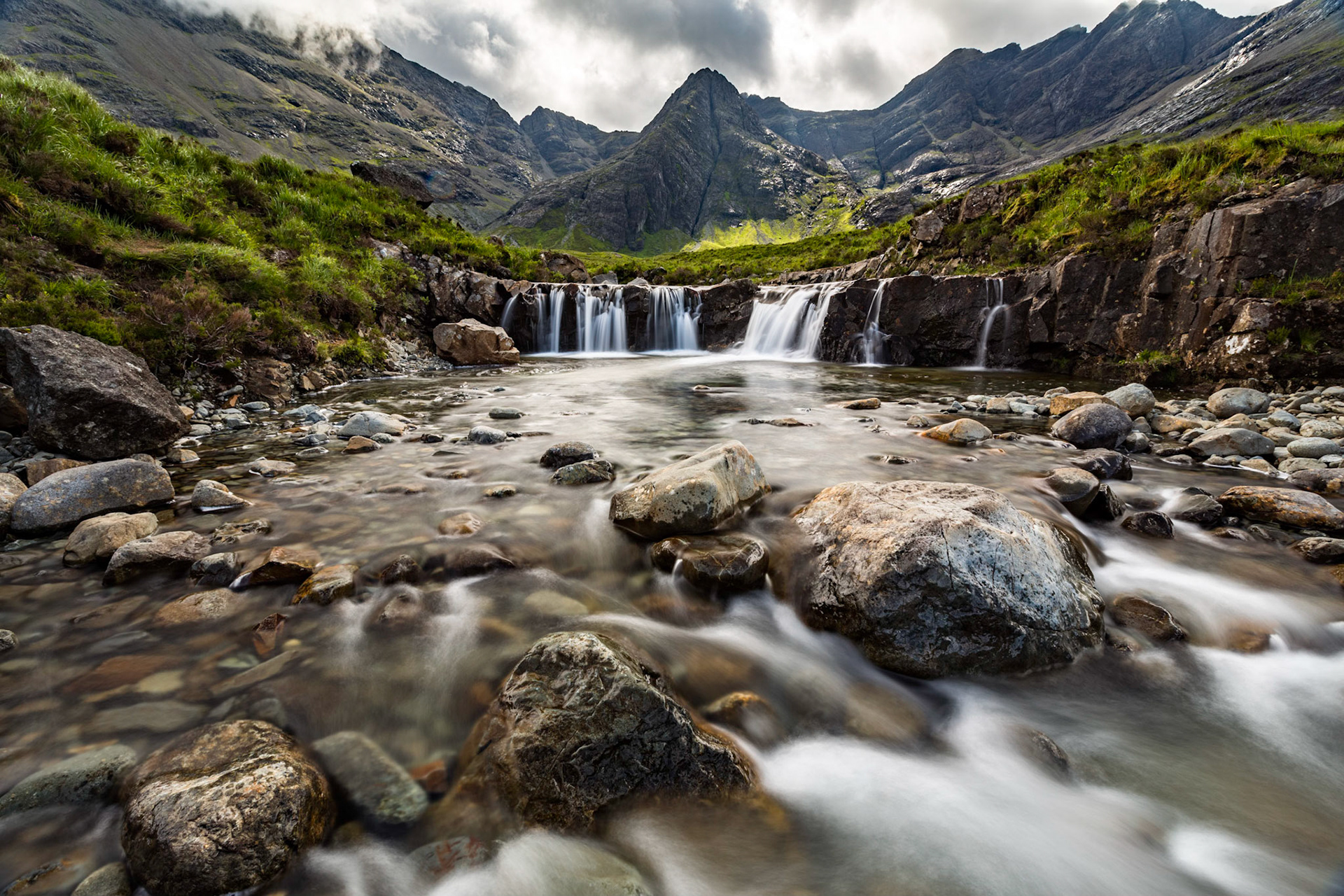 River running away from the falls in the Fairy Pools area on the Isle of Skye in Scotland.  A better picture (in my opinion) of a set of falls in the Fairy Pools area on the Isle of Skye.