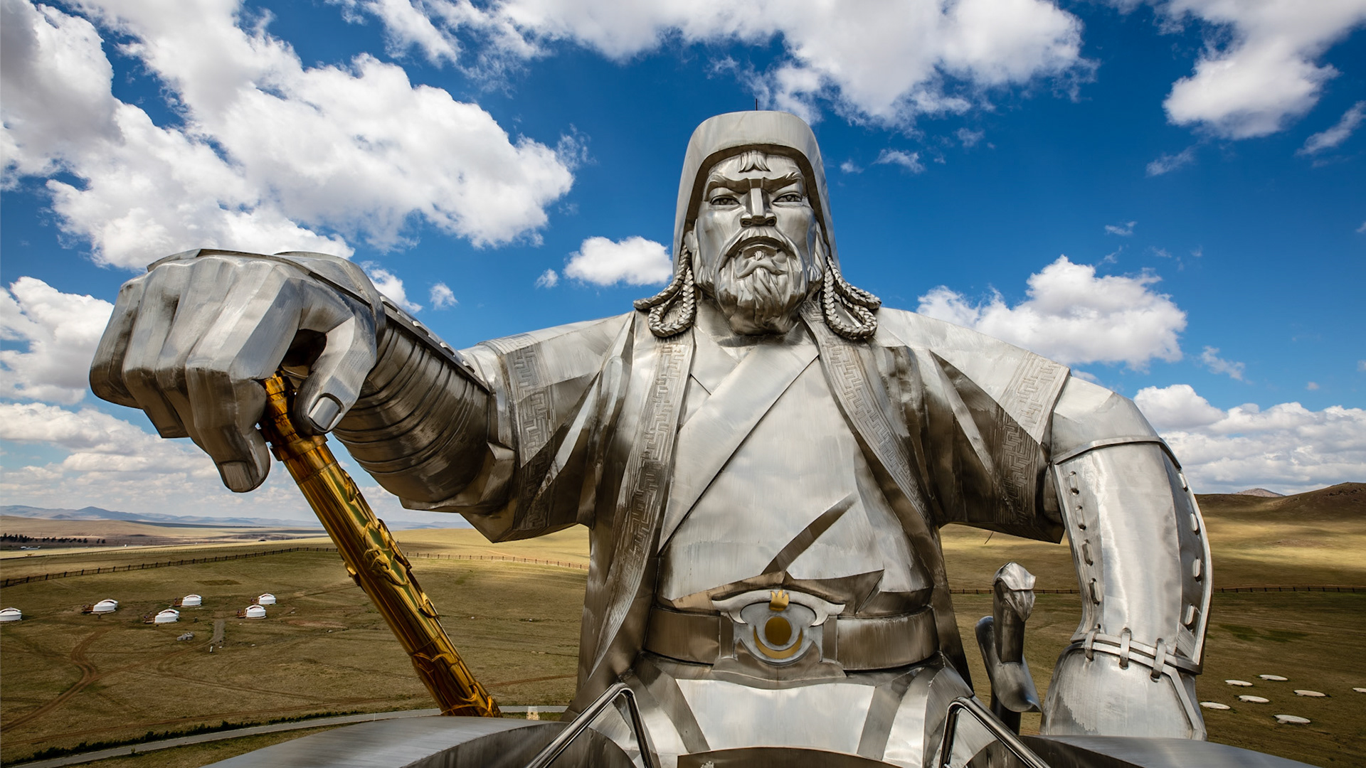 The larger than life stainless steel statue of Genghis Khan located west of Ulaanbaatar, Mongolia.