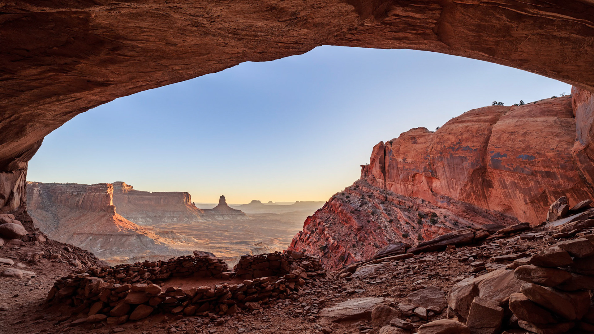 Wide angle shot of False Kiva just before sunset in the Island of the Sky section of Canyonlands National Park, Utah, USA.