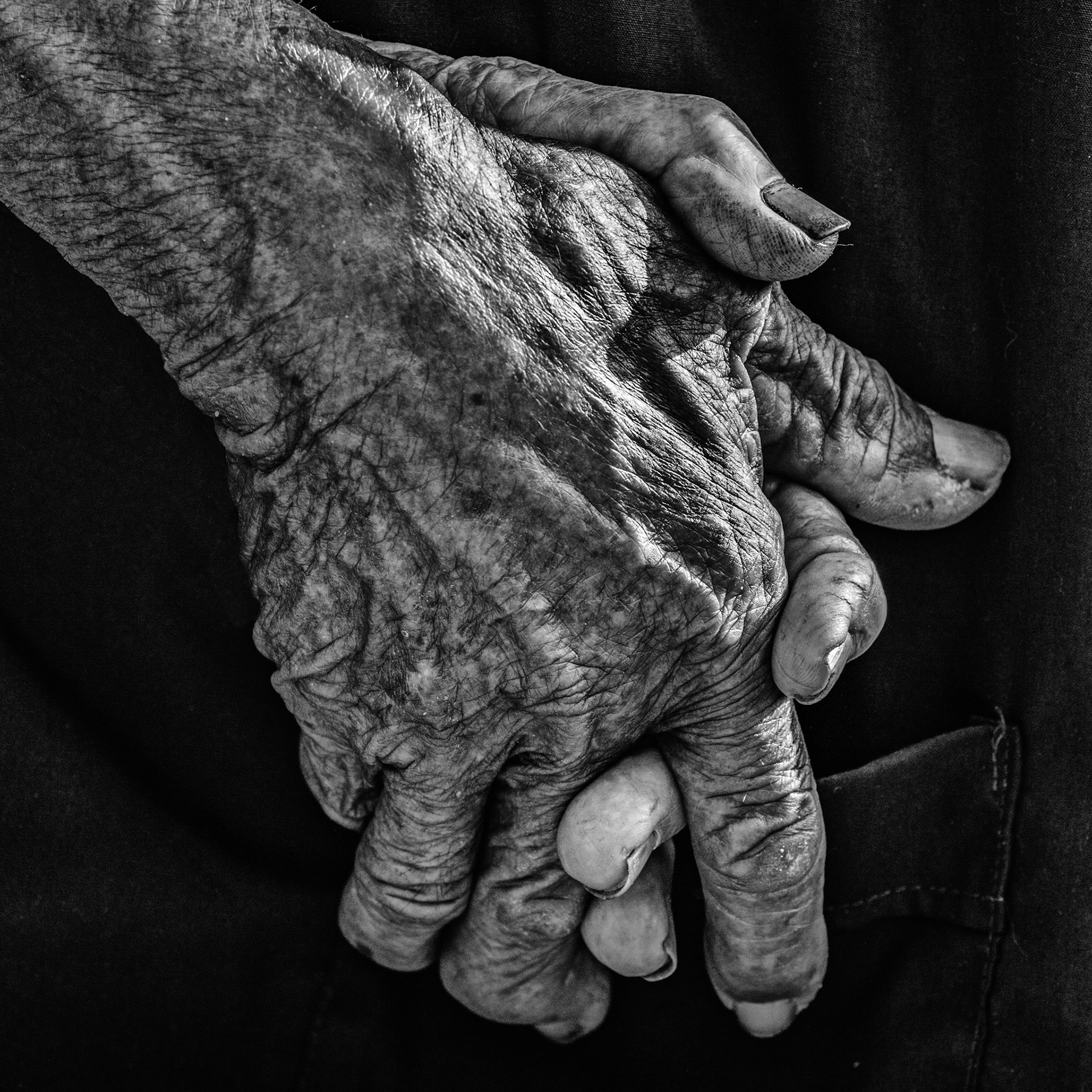 An elderly couple holding hands in the countryside near Hoi An