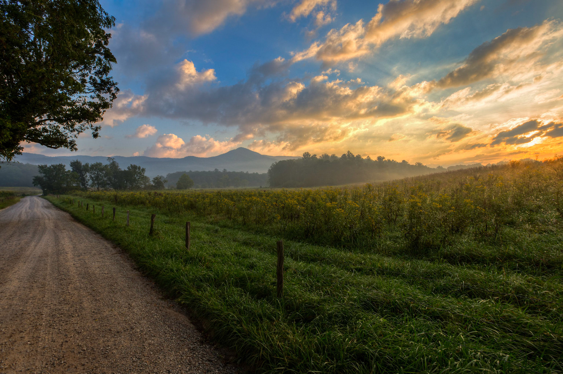 Sunrise on Hyatt Lane in the Great Smokey Mountains. Out in the Great Smokey Mountains in Cades Cove on Hyatt lane watching the sunrise into the valley.
