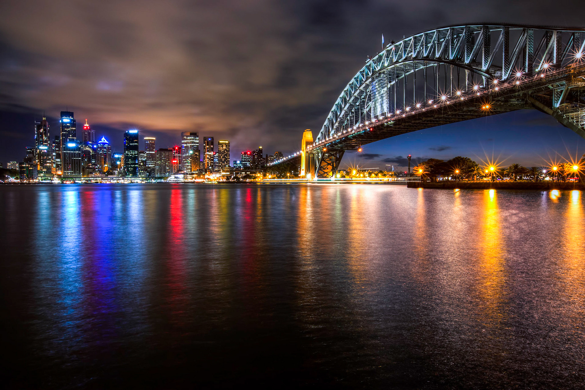 The sun is gone but the lights of downtown Sydney light up the harbor area