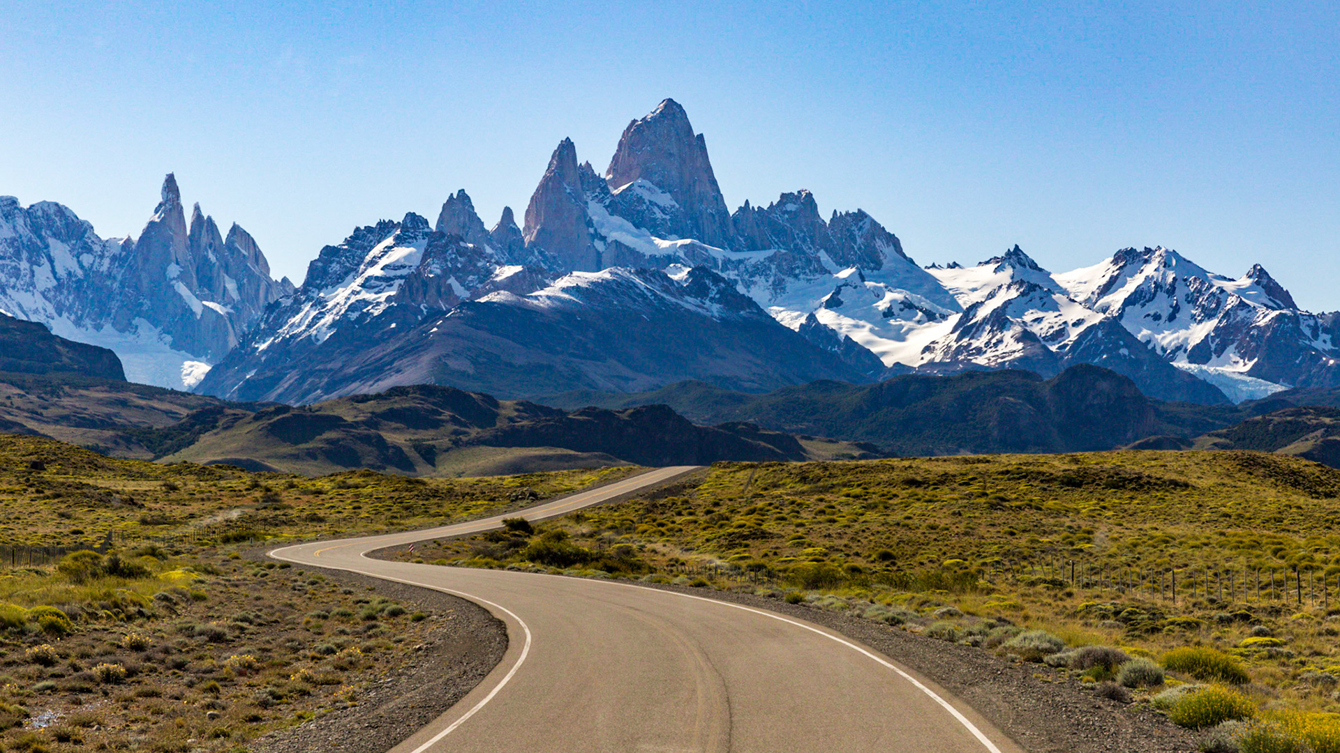 Highway 23 winding it's way to the Fitz Roy Mountain range in the Andes near El Chalten Argentina