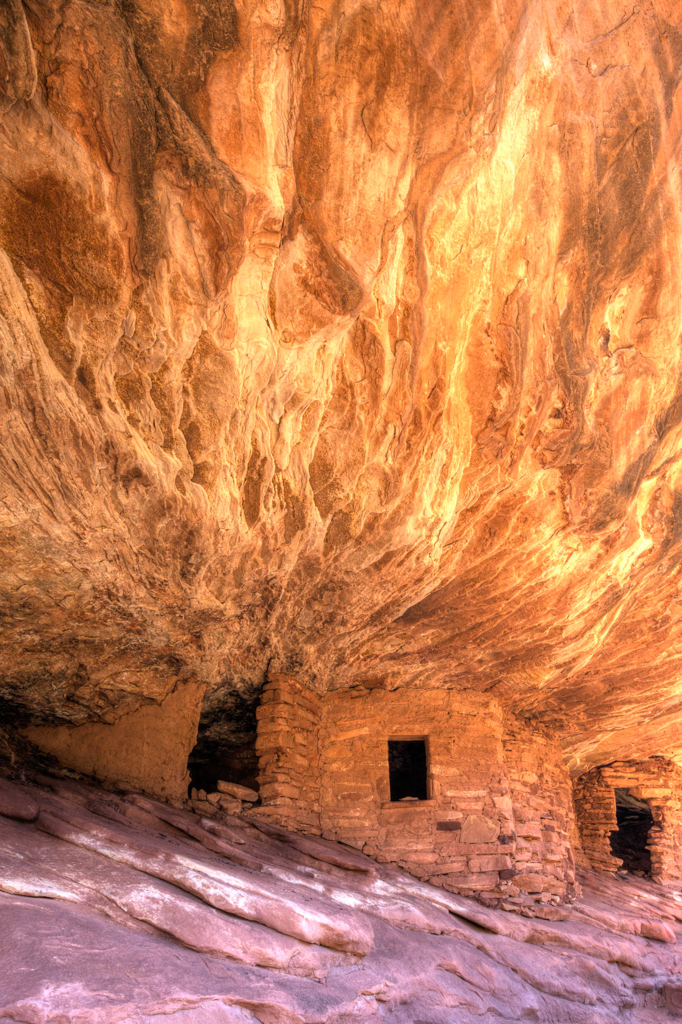 Showing the nice effect of the geology and the light reflection from the rocks below at the House of Fire Anasazi ruins in Mule Canyon.