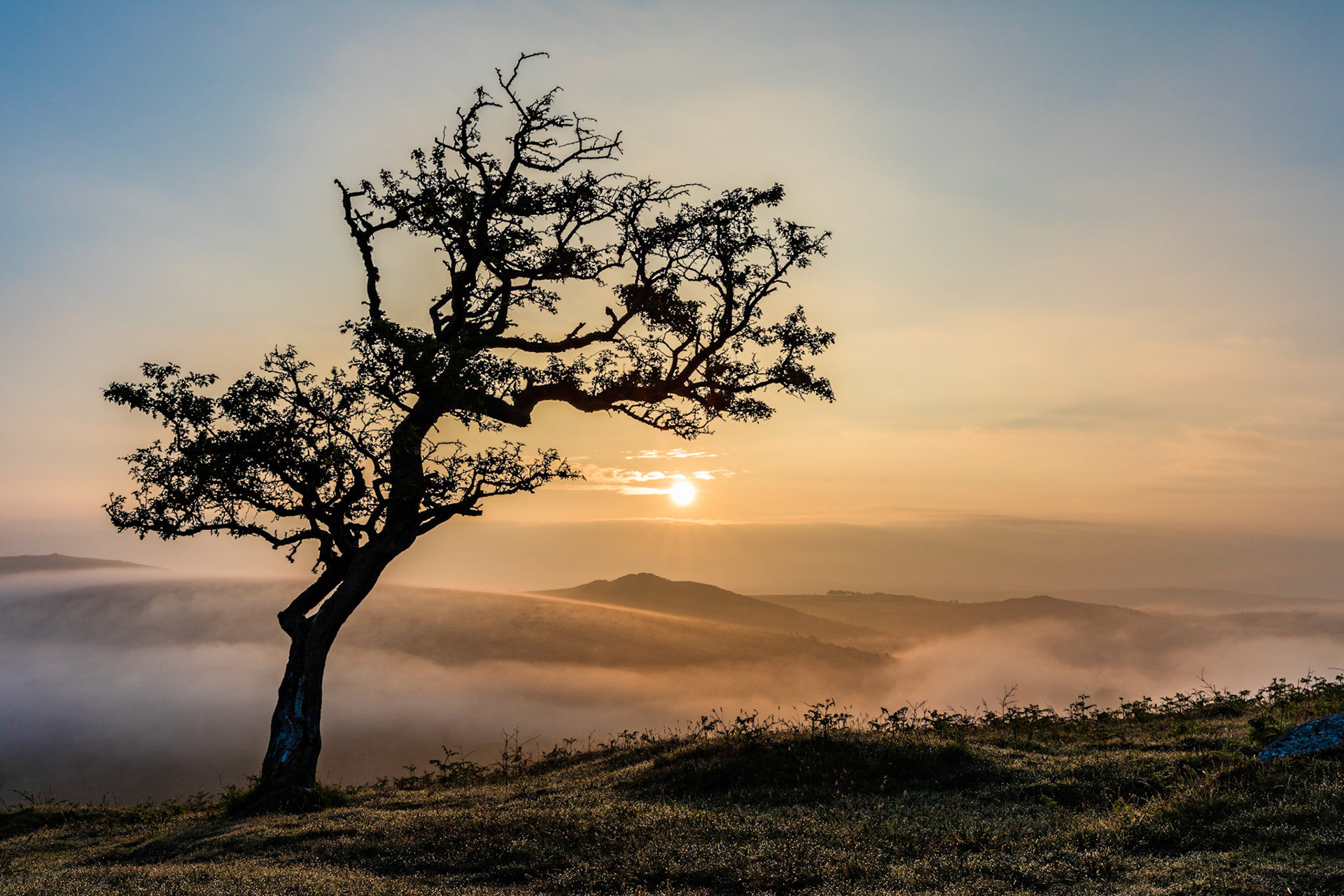 Sunrise over a hazy Dart river valley near Combestone Tor in Dartmoor National Park.