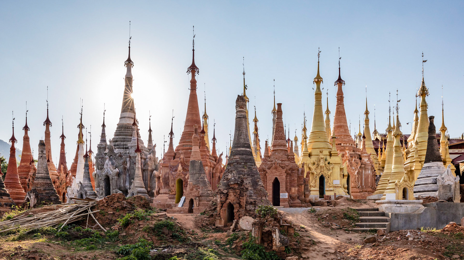 New and old pagodas in the Shwe Inn Dein Pagoda complex near Inle Lake Myanmar.