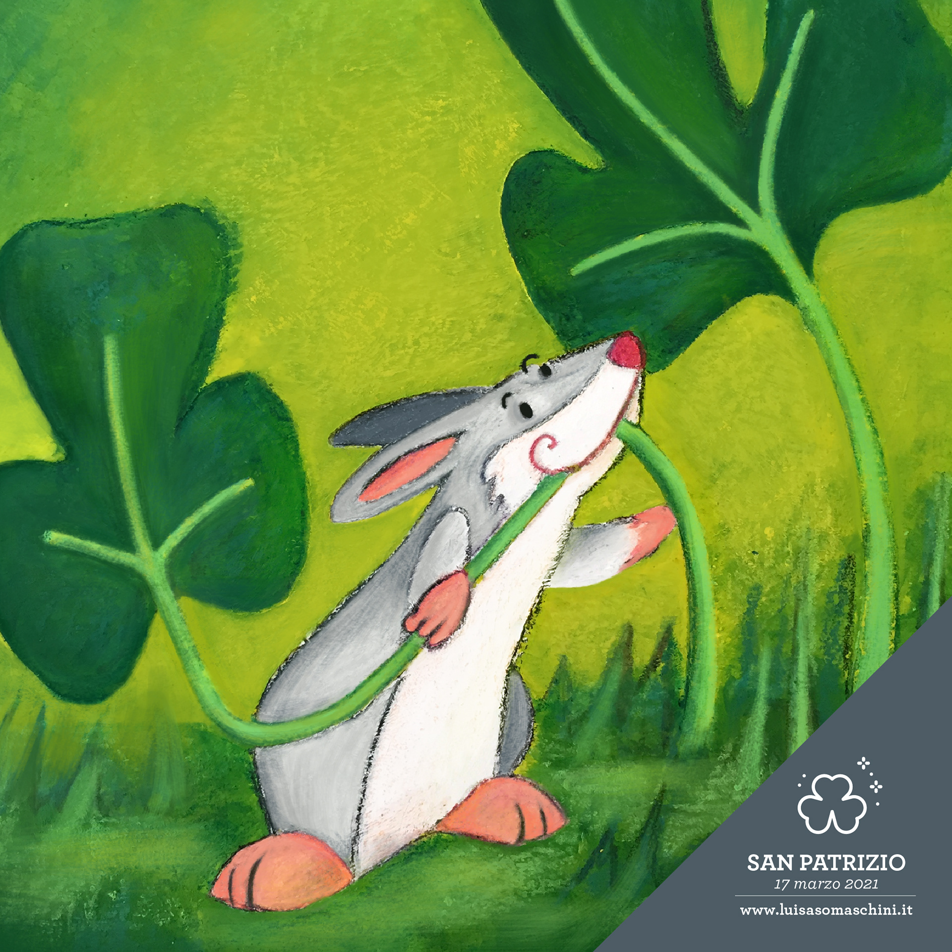 17 marzo - San Patrizio, patrono d'Irlanda ☘️🇮🇪 Secondo la leggenda il Santo era solito spiegare il significato e il valore della trinità usando i meravigliosi trifogli che coprono i prati irlandesi. | Trifogli golosi 🐰☘️🐰 - Acrilico, Neocolor e ripresa digitale |