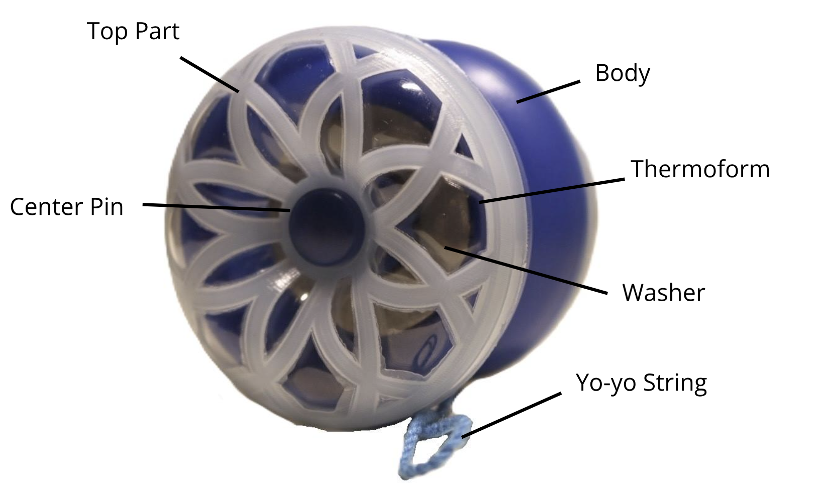Finished yo-yo with labelled componenets.