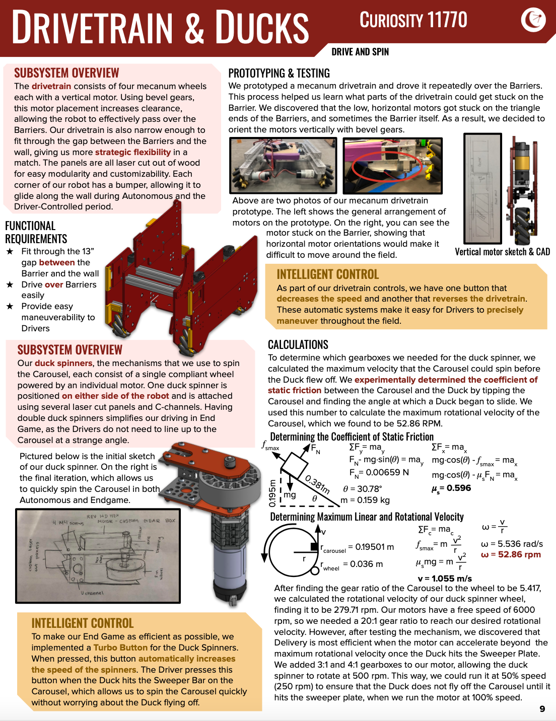 The "Drivetrain and Ducks" page shows the details of two of our robot's mechanisms: the drivetrain and the "duck spinners" which were used for a specific task in the game.