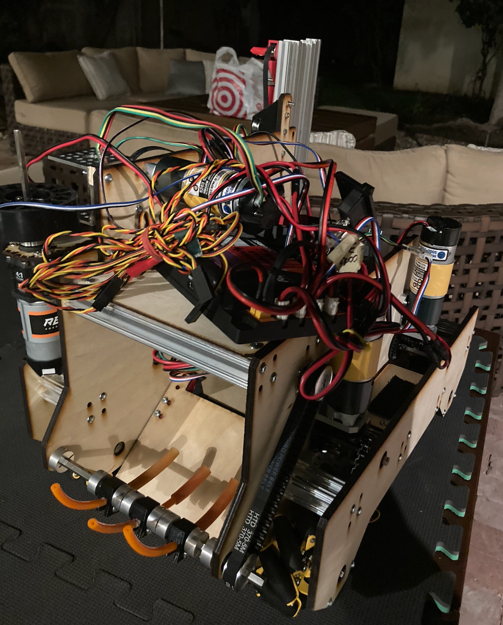 An early assembly of our robot. As you can see, the intake is made of a completely different material than it is in the final robot.