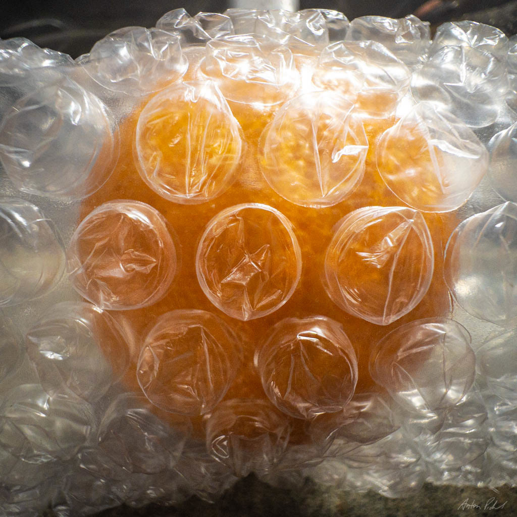 photo of an orange covered in bubble wrap