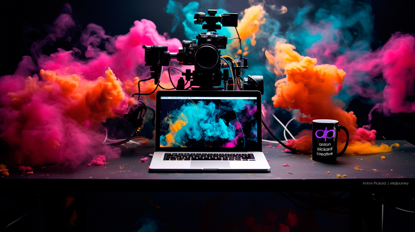 Computer and camera surrounded by multi-colored smoke