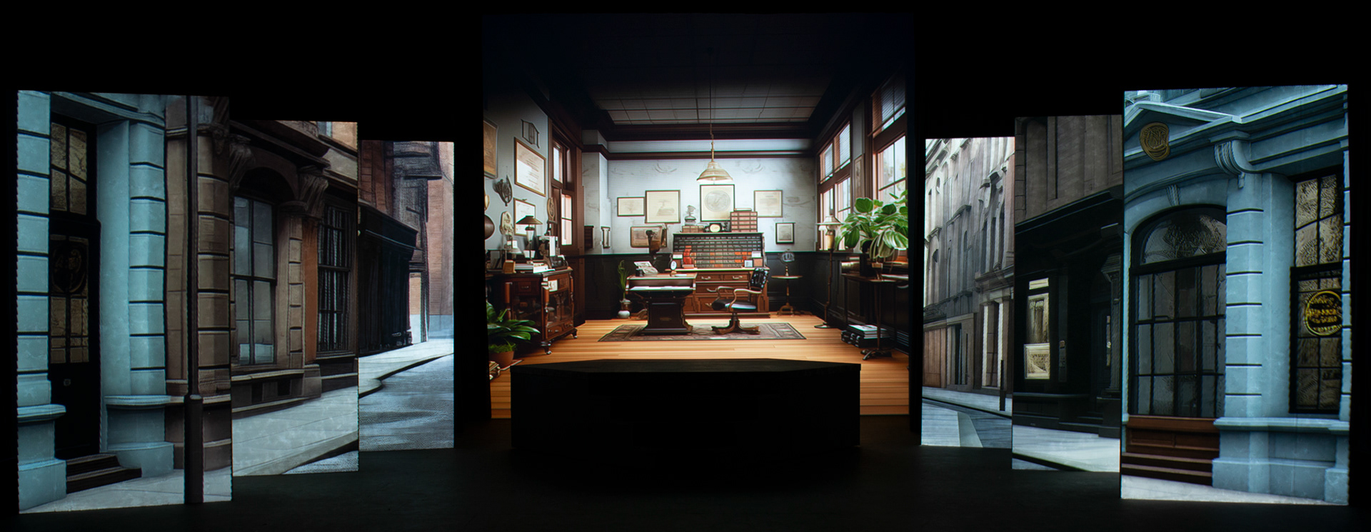 image of theatre projection - city streets and office interior