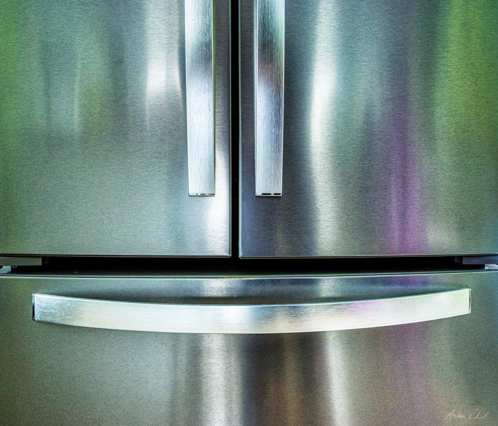 photo of brushed metal doors of a refridgerator