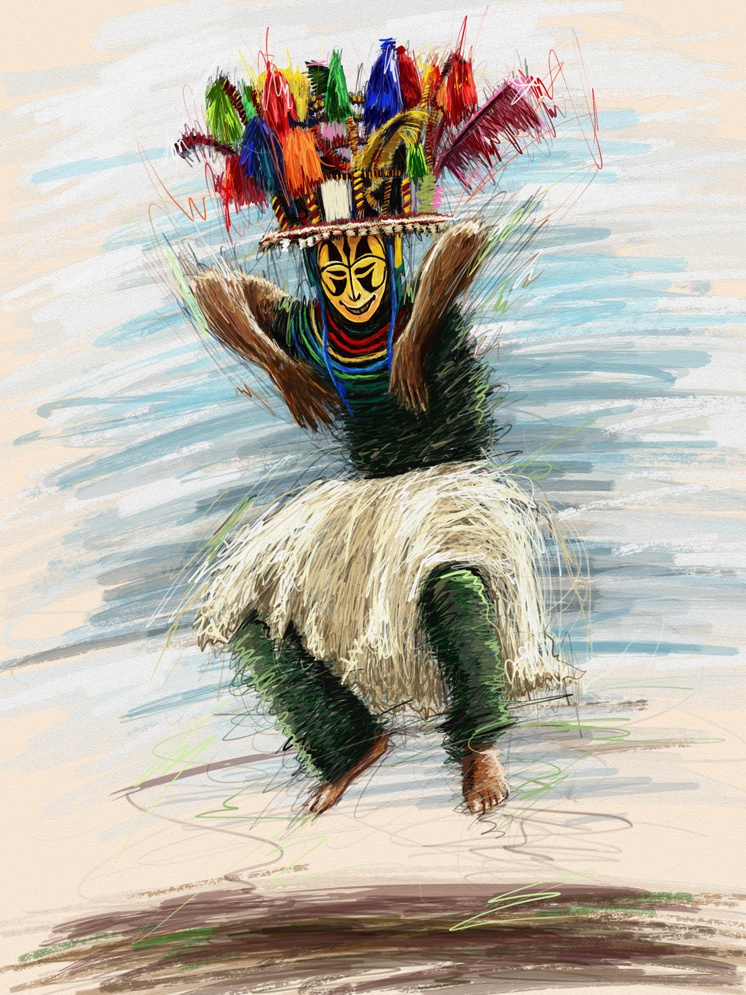 A transformed figure wearing an elaborate headdress and costume, captured in a moment of movement. The enlarged costume extends beyond the physical body, exploring the transition between performer and symbolic character.