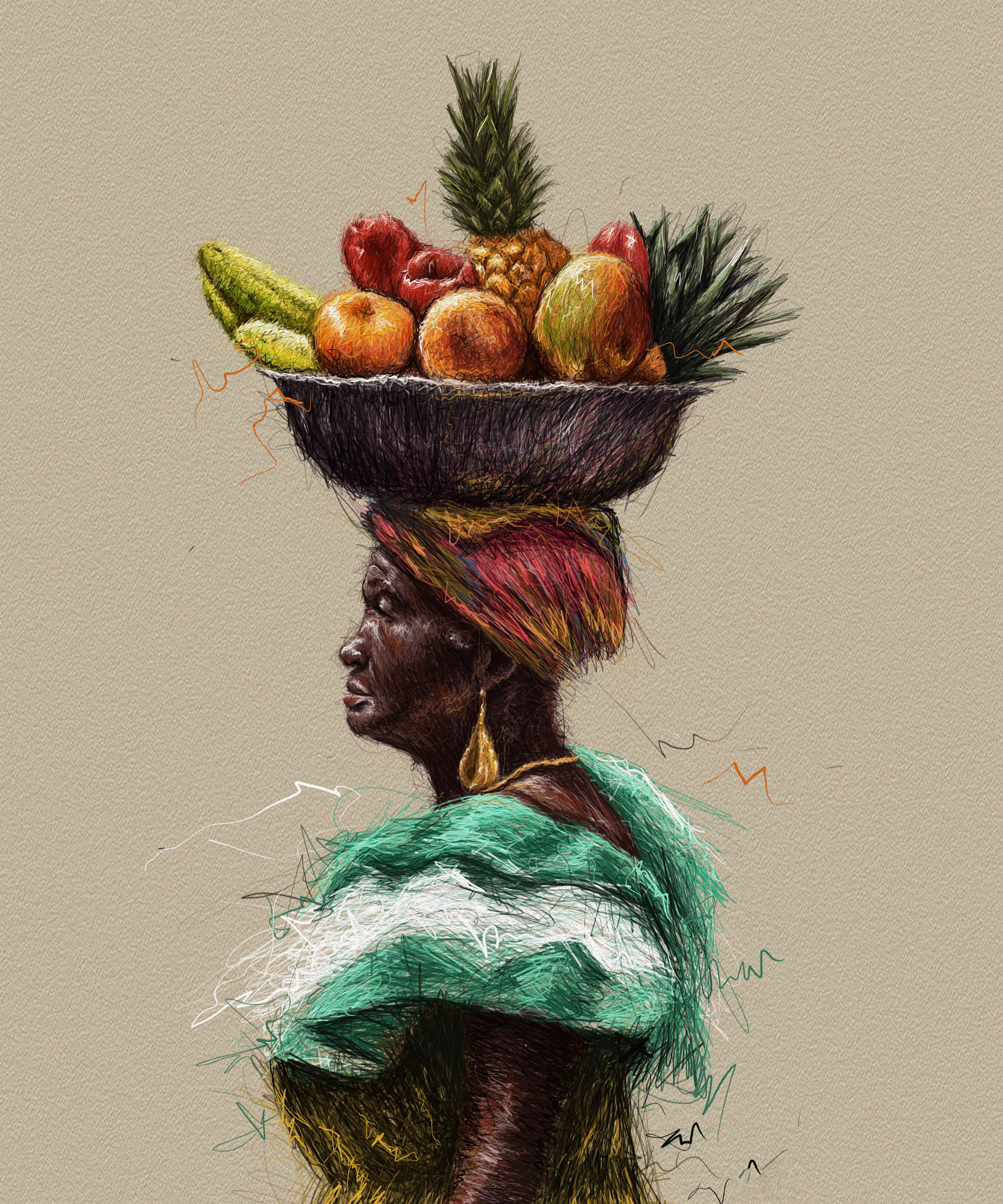 The Weight We Carry A portrait of a woman carrying an oversized vessel on her head. The exaggerated scale of the vessel creates a sense of physical and symbolic burden, while the intricate, fragmented lines suggest the complexity of identity, labour, memory and resilience.