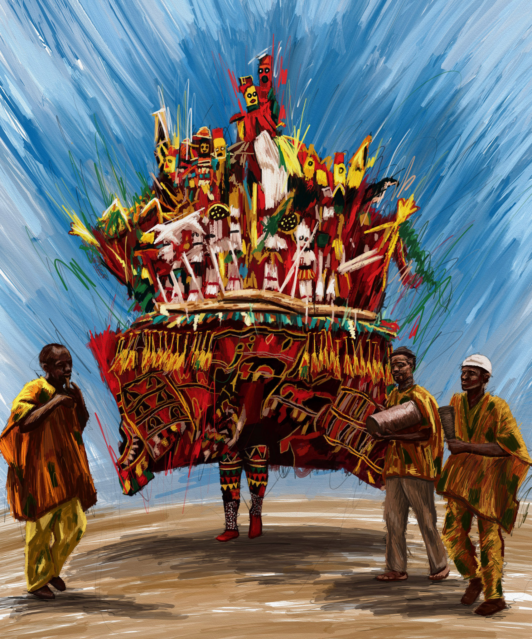 The central masquerade figure is surrounded by a community of observers and participants. The work expands the series from individual transformation to collective identity, emphasising the social and communal dimensions of performance.