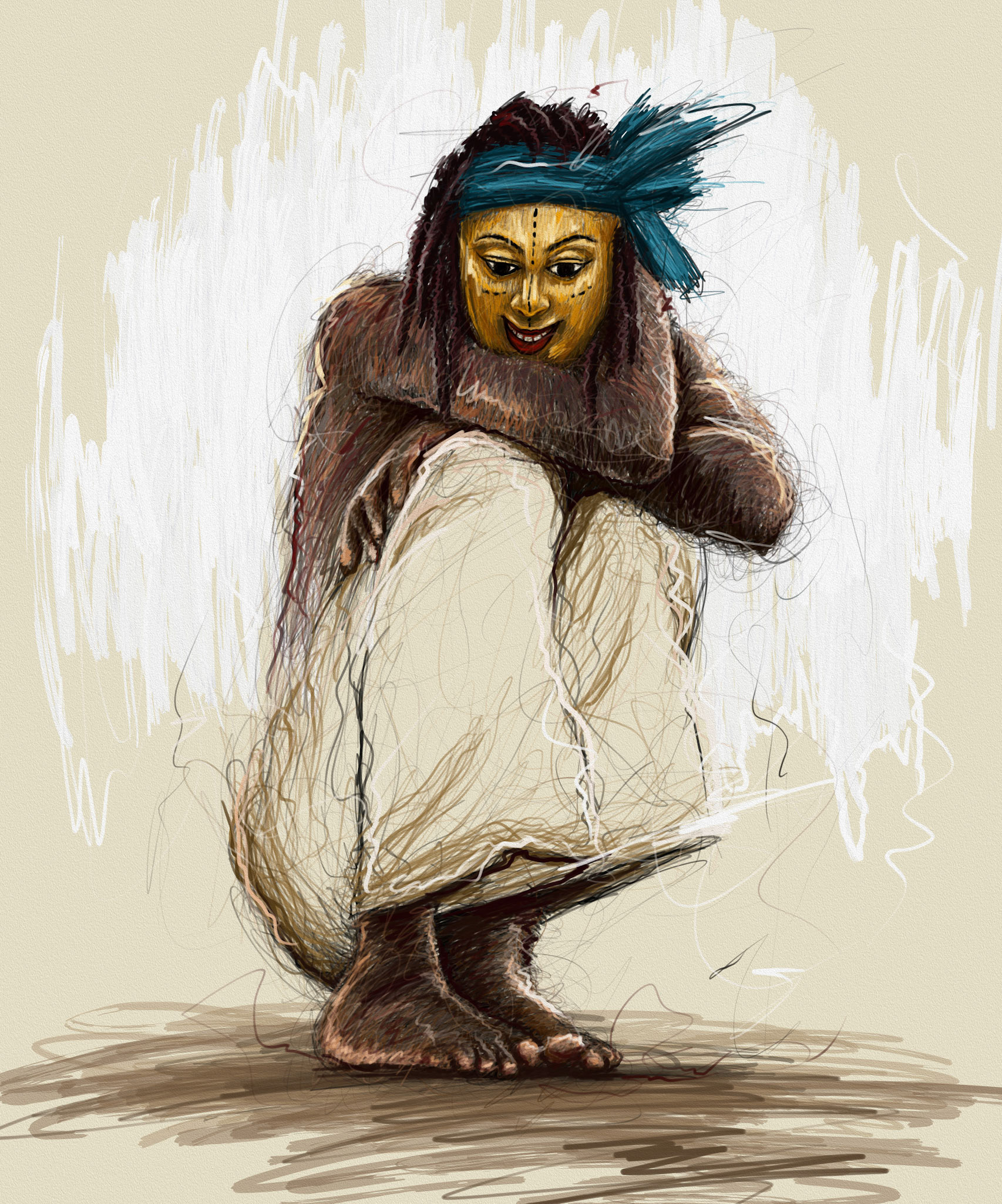 A contemplative masked figure appears beneath an expansive costume. The restrained posture and surrounding space evoke ideas of memory, inheritance and the weight of cultural identity carried across generations.