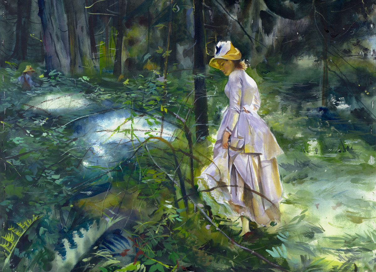 after "the thorn bush" by anders zorn, watercolor and gouache