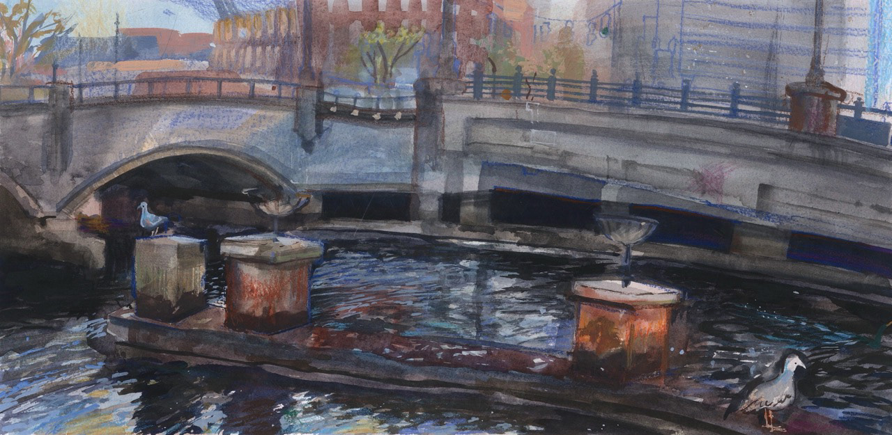 watercolor gouache and crayon