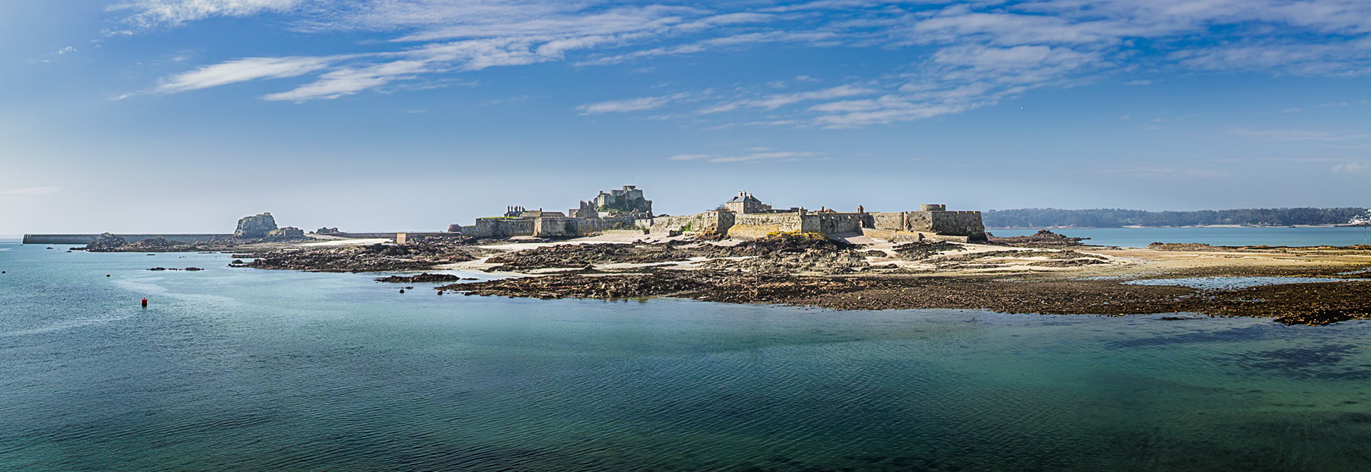Panoramic image of Elizabeth Castle St. Aubin’s Bay, jersey.