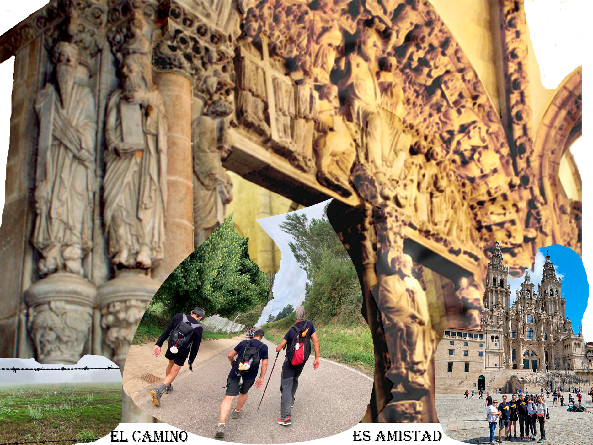 Camino de Santiago, Pórtico de la Gloria, Maestro Mateo y unos amigos en peregrinación a la plaza del Obradoiro