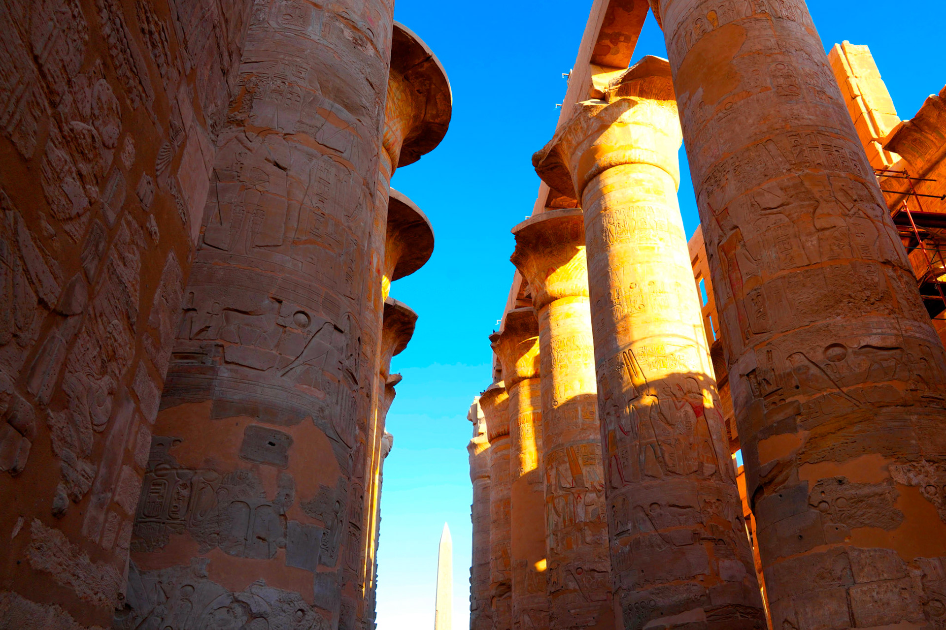 3500 year Old Pillars of Temple of Luxor Cairo Egypt . They still have vibrant colors