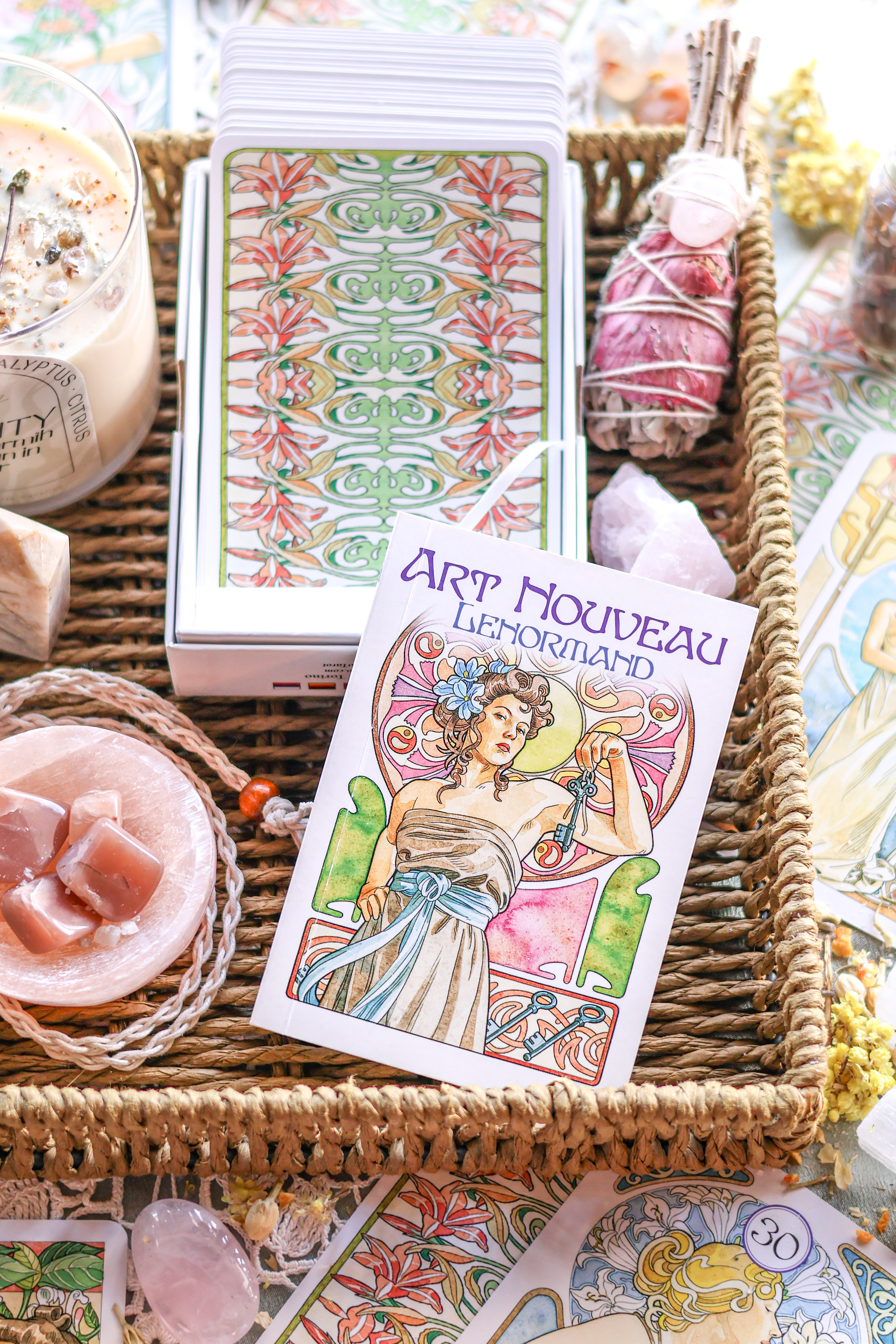 Art Nouveau Lenormand Tarot Deck is displayed neatly and colorfully, captivating the attention of potential customers and inspiring the use of the deck, creating a prime example of well done and innovative product photography. 