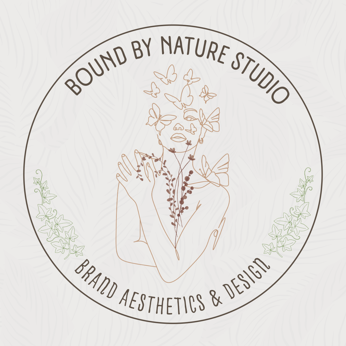 Bound By Nature Studio for brand aesthetics and design logo. A sketch of a woman with butterflies, flowers and ivy. on and around her body.