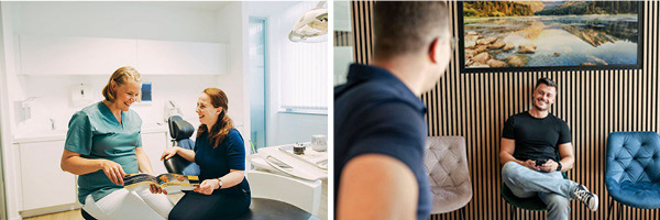Bild aus zwei Fotos. Linkes Bild zeigt einen Behandlungszimmer. Die Ärztin und die Patienten schauen sich zusammen eine Informationsbroschüre an. Auf dem rechten Bild ist ein Wartezimmer zu sehen. Der Arzt ruft den Patienten sitzenden, lächelnden Patienten auf.