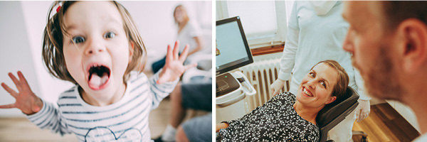 Das Foto zeigt auf der linken Seite ein Kind, dass in die Kamera schaut. Auf der rechten Seite liegt eine Patientin auf dem Behandlungsstuhl und lächelt den Zahnarzt an.