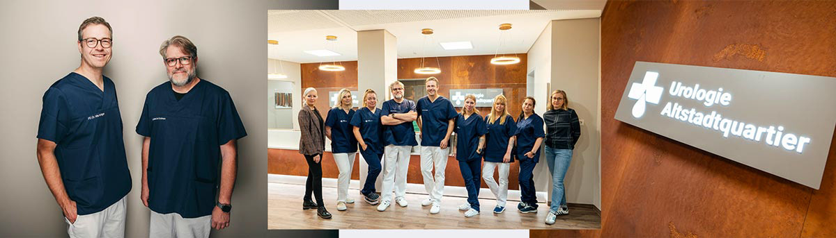 Bildercollage der Urologie Altstadtquartier mit Portraits von Dr. Kröger, Dr. Schuhmann eines Gruppenbildes des Praxisteams und dem Logo der Praxis.