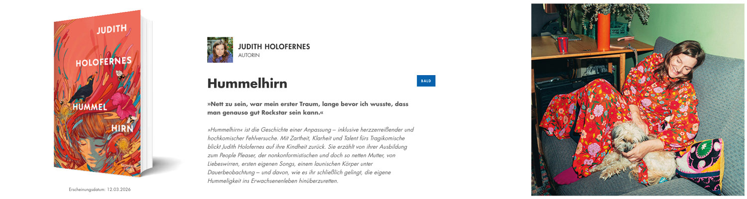 Die Abbildung zeigt das Buch Hummelhirn von Judith Holofernes und ein Bild von Judith auf einem Sofa mit ihrem Hund.