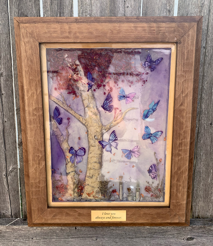 Clay, hand painted butterflies, dried floral, resin