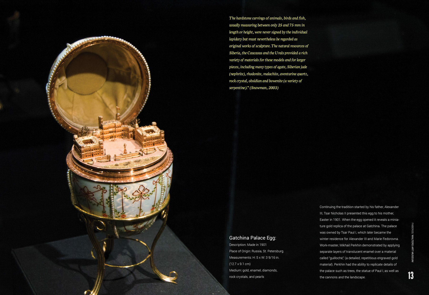 Close-up interior page of the Fabergé booklet, which includes the Gatchina Palace egg