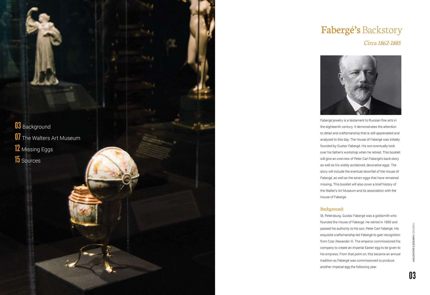 Close-up interior page of Booklet, along with a portrait of Fabergé